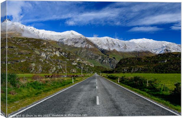 Road trip in winter with snow mountains at background in New Zealand Canvas Print by Chun Ju Wu