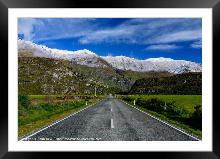 Road trip in winter with snow mountains at background in New Zealand Framed Mounted Print by Chun Ju Wu