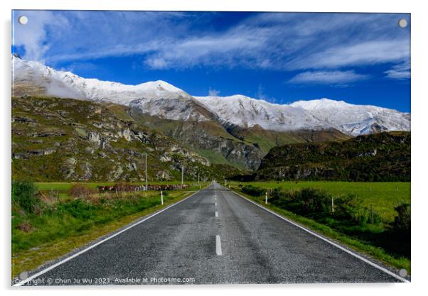Road trip in winter with snow mountains at background in New Zealand Acrylic by Chun Ju Wu