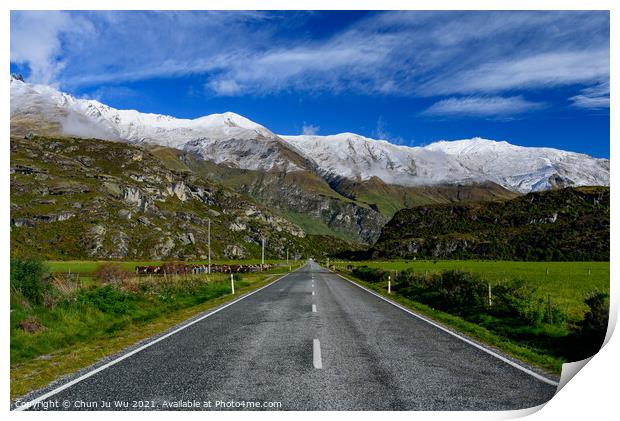 Road trip in winter with snow mountains at background in New Zealand Print by Chun Ju Wu