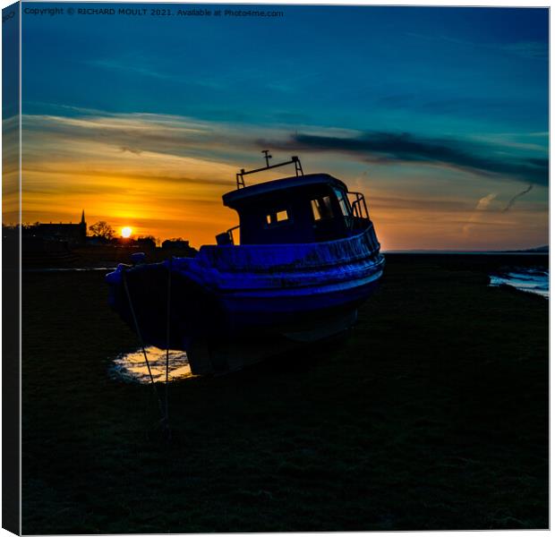 Fishing Boat At Sunset Canvas Print by RICHARD MOULT