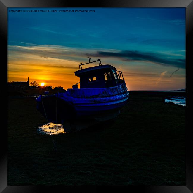Fishing Boat At Sunset Framed Print by RICHARD MOULT