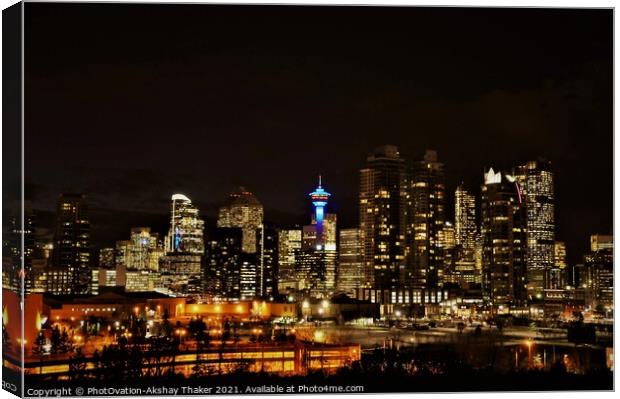 The city of Calgary's downtown skyline night view.  Canvas Print by PhotOvation-Akshay Thaker