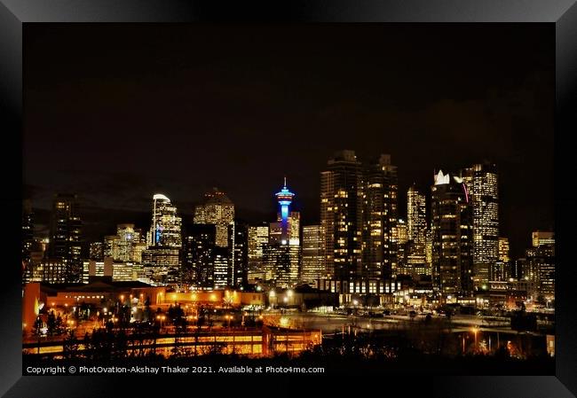 The city of Calgary's downtown skyline night view.  Framed Print by PhotOvation-Akshay Thaker
