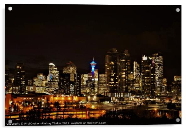 The city of Calgary's downtown skyline night view.  Acrylic by PhotOvation-Akshay Thaker