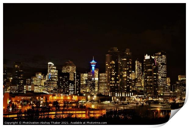 The city of Calgary's downtown skyline night view.  Print by PhotOvation-Akshay Thaker