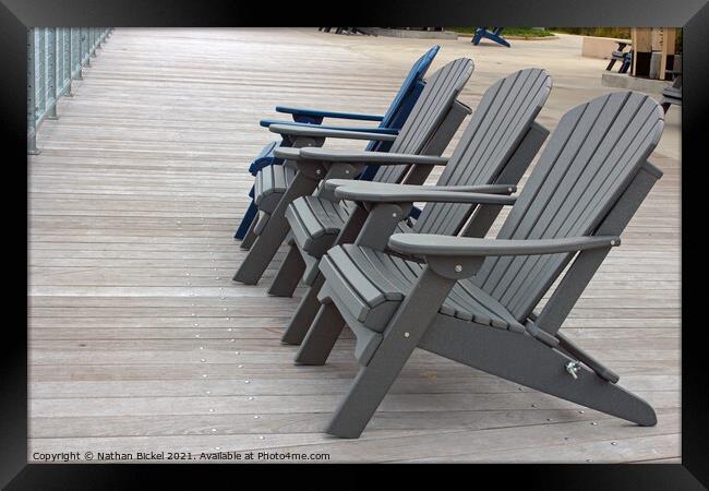 Adirondack Chairs on Boardwalk Framed Print by Nathan Bickel