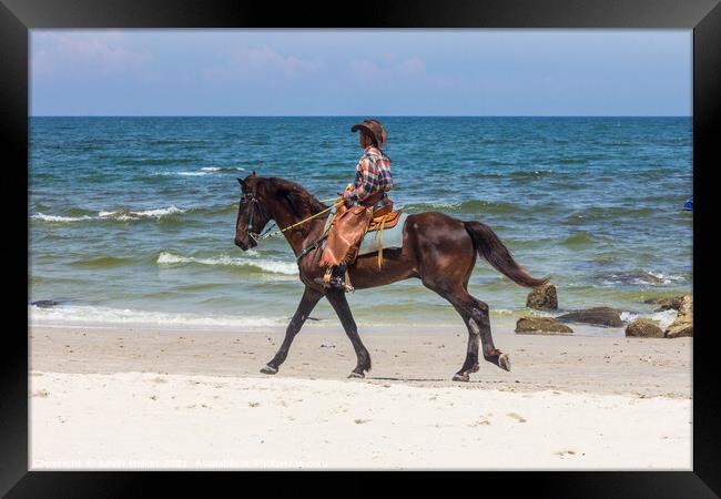 Horse and rider, Hua Hin beach, Thailand Framed Print by Kevin Hellon
