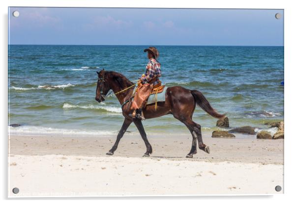 Horse and rider, Hua Hin beach, Thailand Acrylic by Kevin Hellon