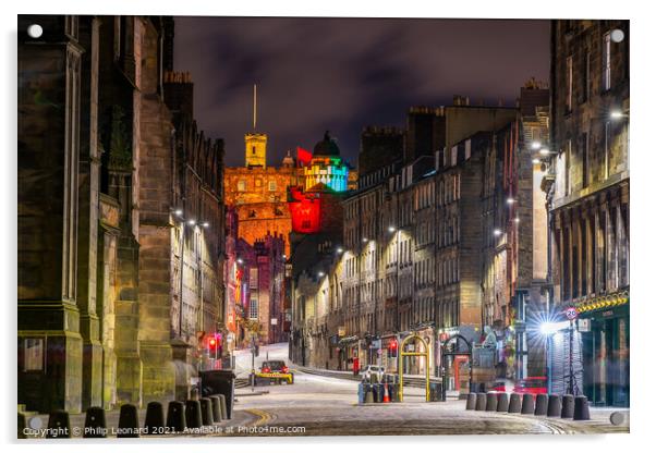 Royal Mile Edinburgh Scotland with Castle above. Acrylic by Philip Leonard