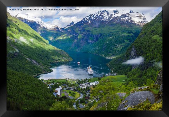 Cruise Ships in Geiranger Fjord Norway Framed Print by Pearl Bucknall