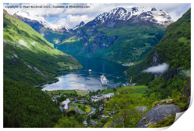 Cruise Ships in Geiranger Fjord Norway Print by Pearl Bucknall