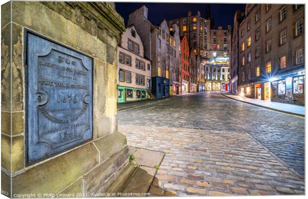 West Bow Well and Victoria Street View Edinburgh. Canvas Print by Philip Leonard