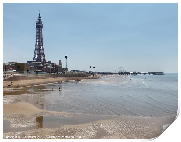Blackpool beach and pier  Print by Sue Walker