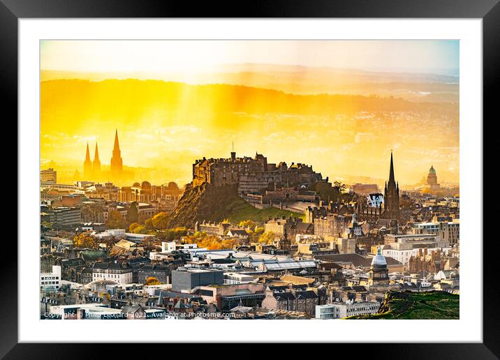 Edinburgh Castle and Rain Shower & Sunset in Edinburgh Scotland. Framed Mounted Print by Philip Leonard