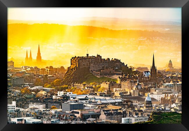 Edinburgh Castle and Rain Shower & Sunset in Edinburgh Scotland. Framed Print by Philip Leonard