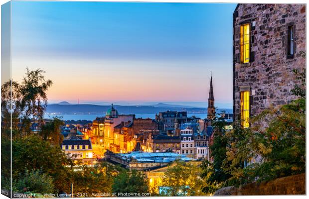 View from Ramsay Lane just off the Royal Mile Edinburgh Scotland. Canvas Print by Philip Leonard
