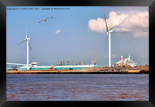 Wind turbines on North Mersey banks. Framed Print by Frank Irwin