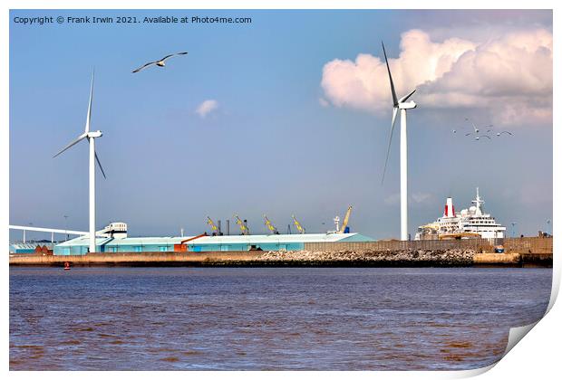 Wind turbines on North Mersey banks. Print by Frank Irwin