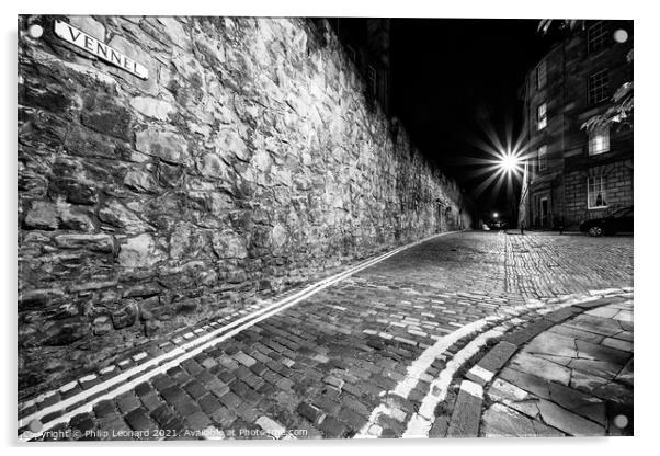 The Vennel, Edinburgh Scotland at Night. Acrylic by Philip Leonard