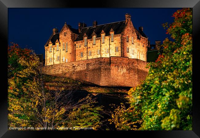 Edinburgh Castle at Night Edinburgh Scotland. Framed Print by Philip Leonard