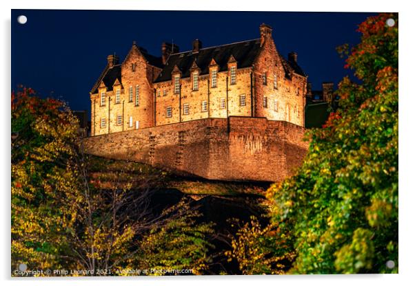 Edinburgh Castle at Night Edinburgh Scotland. Acrylic by Philip Leonard