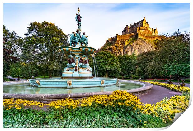Ross Fountain and Edinburgh Castle Edinburgh Scotland. Print by Philip Leonard