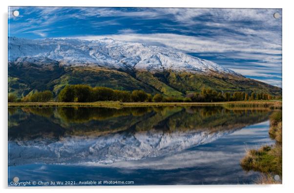 Snow mountains and reflection on lake in South Island, New Zealand Acrylic by Chun Ju Wu