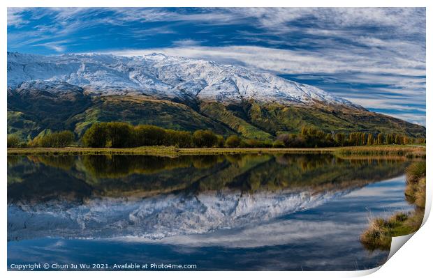 Snow mountains and reflection on lake in South Island, New Zealand Print by Chun Ju Wu