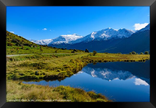 Snow mountains and reflection on lake in South Island, New Zealand Framed Print by Chun Ju Wu