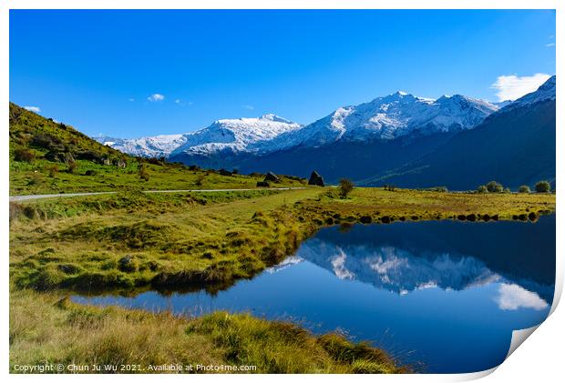 Snow mountains and reflection on lake in South Island, New Zealand Print by Chun Ju Wu