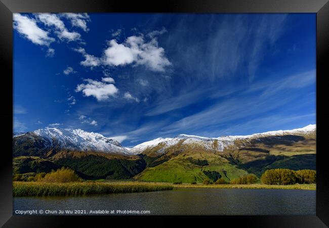 Lake with snow mountains in South Island, New Zealand Framed Print by Chun Ju Wu