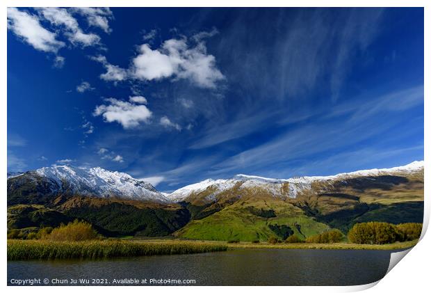 Lake with snow mountains in South Island, New Zealand Print by Chun Ju Wu