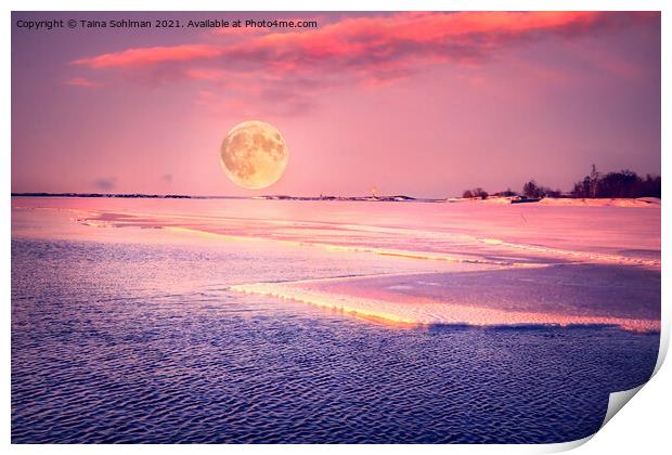 Pink March Moonrise over Sea Print by Taina Sohlman
