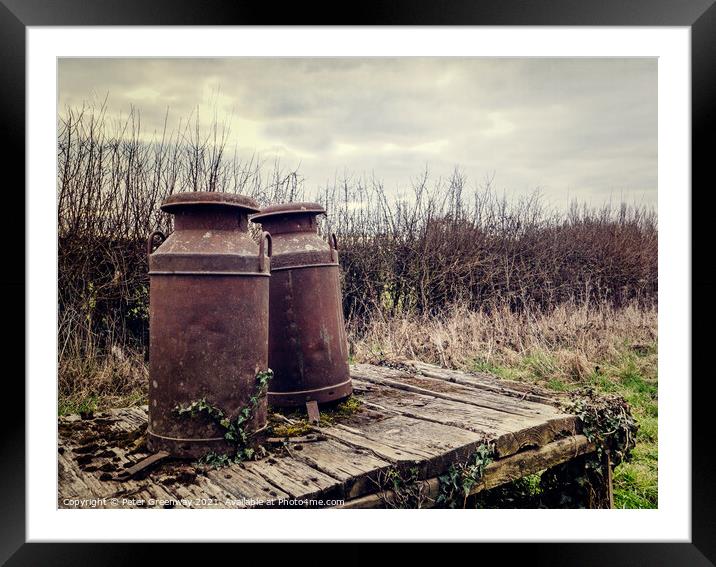 Rusted Vintage Milk Churns On A Wooden Platform Framed Mounted Print by Peter Greenway