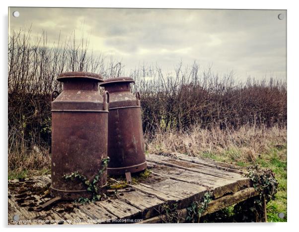 Rusted Vintage Milk Churns On A Wooden Platform Acrylic by Peter Greenway