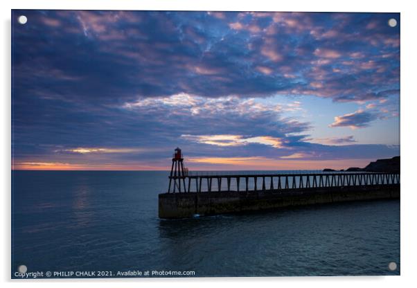 Whitby pier summer solstice sunrise 433 Acrylic by PHILIP CHALK