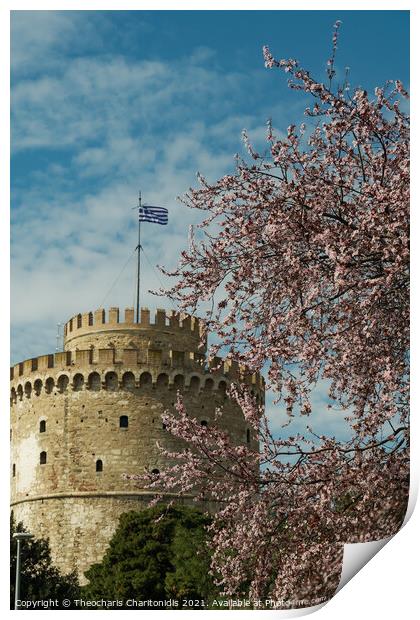 Thessaloniki The White Tower on a spring day against blue sky with clouds.  Print by Theocharis Charitonidis