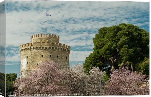 Thessaloniki The White Tower on a spring day against blue sky with clouds.  Canvas Print by Theocharis Charitonidis