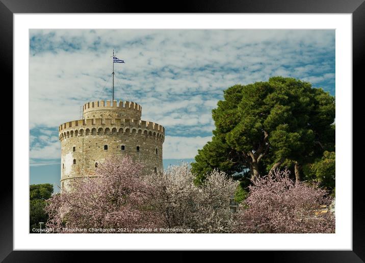 Thessaloniki The White Tower on a spring day against blue sky with clouds.  Framed Mounted Print by Theocharis Charitonidis
