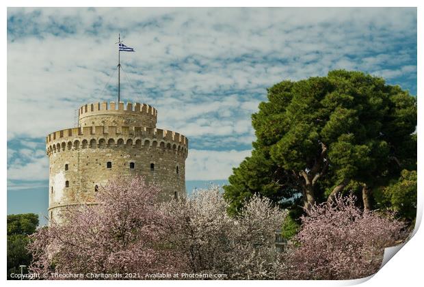 Thessaloniki The White Tower on a spring day against blue sky with clouds.  Print by Theocharis Charitonidis