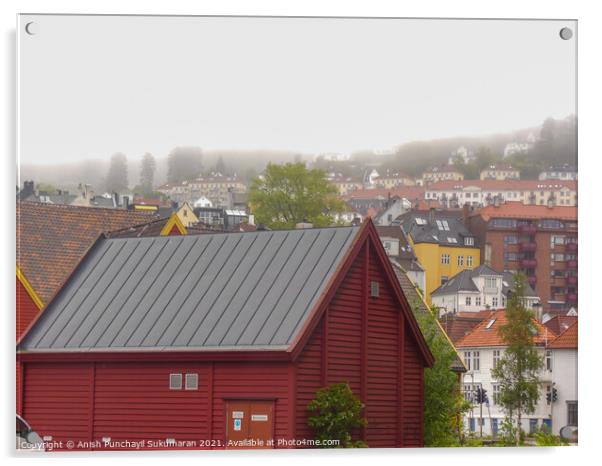 beautiful norwegian village covered with fog during day time Acrylic by Anish Punchayil Sukumaran