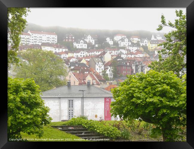 beautiful norwegian village covered with fog during day time Framed Print by Anish Punchayil Sukumaran
