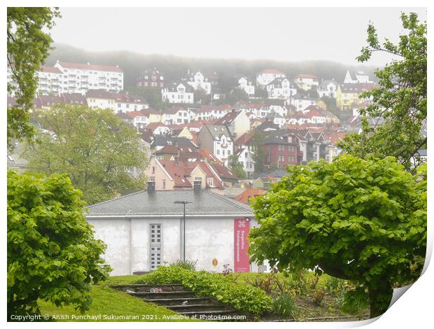 beautiful norwegian village covered with fog during day time Print by Anish Punchayil Sukumaran