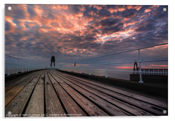 Whitby pier summer solstice sunrise 435  Acrylic by PHILIP CHALK