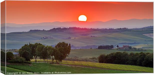 Sunset in Val d'Orcia, Tuscany  Canvas Print by Jim Monk