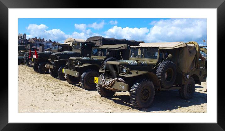 Military trucks and jeeps on Weymouth beach Framed Mounted Print by Ann Biddlecombe