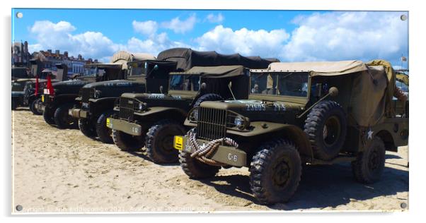 Military trucks and jeeps on Weymouth beach Acrylic by Ann Biddlecombe