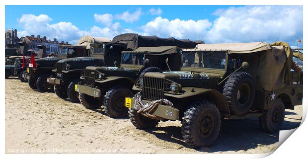Military trucks and jeeps on Weymouth beach Print by Ann Biddlecombe