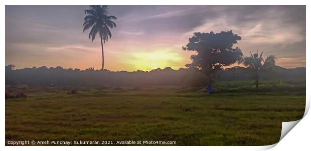  orange Sunset in Kerala, cloudy sky and coconut tree Print by Anish Punchayil Sukumaran